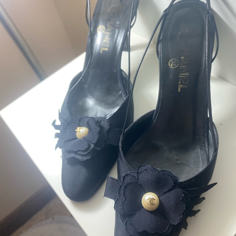 Chanel black satin Camillia Cc pearl sling back pumps!